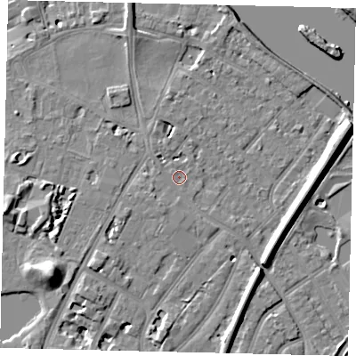Shaded relief map of the ground around TW93JE, computed from Environment Agency LiDAR. The ground here sits at about 5 m above sea level and falls 12 m across the surrounding 800 m. Surface water reaching this point runs off ground lying to the south-west, 4.7 m higher.