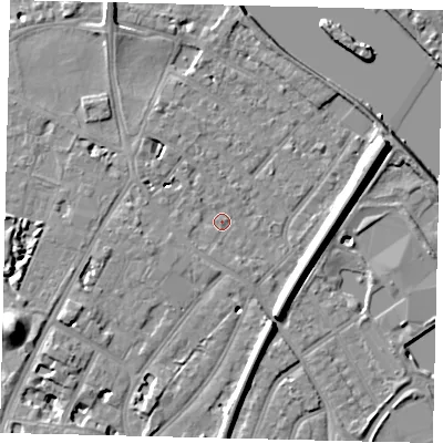 Shaded relief map of the ground around TW93JF, computed from Environment Agency LiDAR. The ground here sits at about 5 m above sea level and falls 12 m across the surrounding 800 m. Surface water reaching this point runs off ground lying to the west, 4.7 m higher.