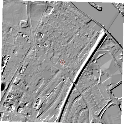 Shaded relief map of the ground around TW93JG, computed from Environment Agency LiDAR. The ground here sits at about 5 m above sea level and falls 13 m across the surrounding 800 m. Surface water reaching this point runs off ground lying to the south-south-east, 0.9 m higher.