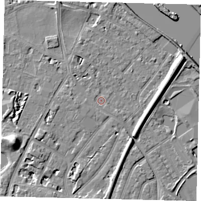 Shaded relief map of the ground around TW93JJ, computed from Environment Agency LiDAR. The ground here sits at about 5 m above sea level and falls 12 m across the surrounding 800 m. Surface water reaching this point runs off ground lying to the south-south-west, 1.2 m higher.