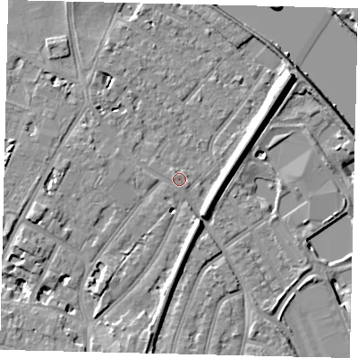 Shaded relief map of the ground around TW93JQ, computed from Environment Agency LiDAR. The ground here sits at about 5 m above sea level and falls 11 m across the surrounding 800 m. Surface water reaching this point runs off ground lying to the south-south-east, 6.7 m higher.