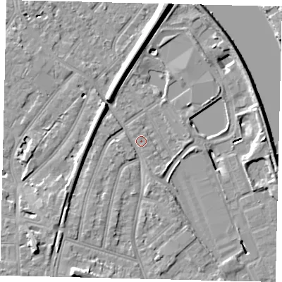 Shaded relief map of the ground around TW94AA, computed from Environment Agency LiDAR. The ground here sits at about 5 m above sea level and falls 12 m across the surrounding 800 m. Surface water reaching this point runs off ground lying to the south-south-west, 6.9 m higher.