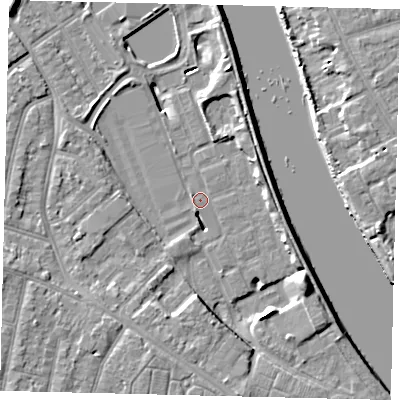 Shaded relief map of the ground around TW94AB, computed from Environment Agency LiDAR. The ground here sits at about 4 m above sea level and falls 10 m across the surrounding 800 m. Surface water reaching this point runs off ground lying to the south-east, 9.2 m higher.