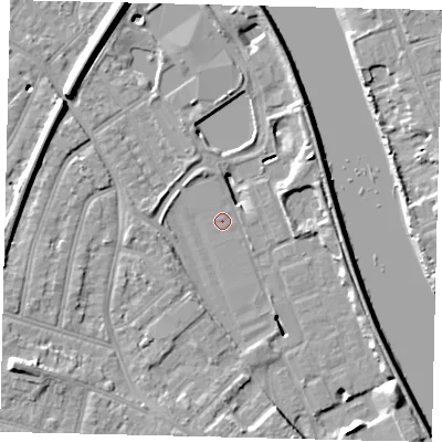 Shaded relief map of the ground around TW94AD, computed from Environment Agency LiDAR. The ground here sits at about 4 m above sea level and falls 12 m across the surrounding 800 m. The ground contributing surface water to this point lies to the north-east.