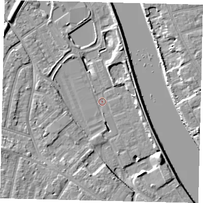 Shaded relief map of the ground around TW94AE, computed from Environment Agency LiDAR. The ground here sits at about 4 m above sea level and falls 10 m across the surrounding 800 m. Surface water reaching this point runs off ground lying to the south-east, 9.2 m higher.