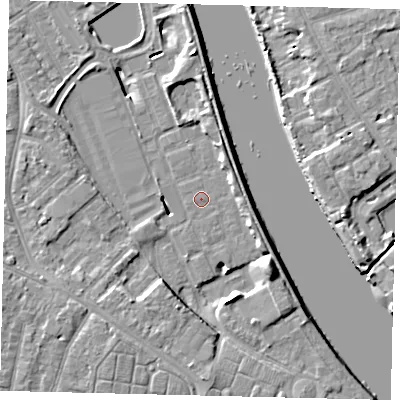 Shaded relief map of the ground around TW94AF, computed from Environment Agency LiDAR. The ground here sits at about 4 m above sea level and falls 10 m across the surrounding 800 m. Surface water reaching this point runs off ground lying to the north-east, 2.6 m higher.