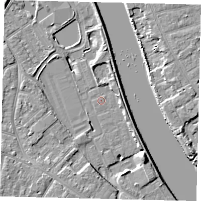 Shaded relief map of the ground around TW94AH, computed from Environment Agency LiDAR. The ground here sits at about 4 m above sea level and falls 10 m across the surrounding 800 m. Surface water reaching this point runs off ground lying to the north-north-east, 3.0 m higher.