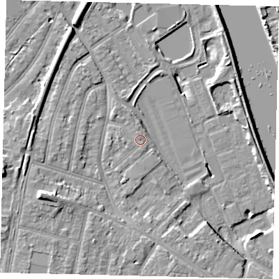 Shaded relief map of the ground around TW94AL, computed from Environment Agency LiDAR. The ground here sits at about 6 m above sea level and falls 11 m across the surrounding 800 m. Surface water reaching this point runs off ground lying to the north, 1.0 m higher.