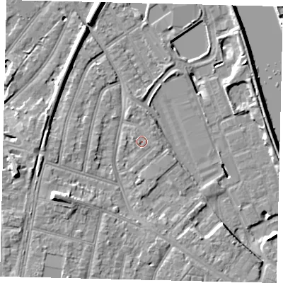 Shaded relief map of the ground around TW94AN, computed from Environment Agency LiDAR. The ground here sits at about 6 m above sea level and falls 11 m across the surrounding 800 m. The ground contributing surface water to this point lies to the east-south-east.