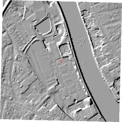 Shaded relief map of the ground around TW94AP, computed from Environment Agency LiDAR. The ground here sits at about 4 m above sea level and falls 10 m across the surrounding 800 m. Surface water reaching this point runs off ground lying to the south-east, 9.2 m higher.