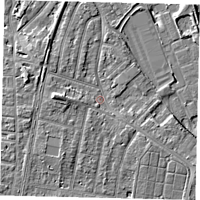 Shaded relief map of the ground around TW94AR, computed from Environment Agency LiDAR. The ground here sits at about 6 m above sea level and falls 11 m across the surrounding 800 m. Surface water reaching this point runs off ground lying to the west, 4.4 m higher.
