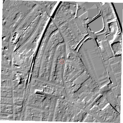 Shaded relief map of the ground around TW94AS, computed from Environment Agency LiDAR. The ground here sits at about 5 m above sea level and falls 11 m across the surrounding 800 m. Surface water reaching this point runs off ground lying to the south-west, 6.9 m higher.
