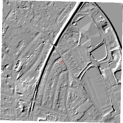 Shaded relief map of the ground around TW94AT, computed from Environment Agency LiDAR. The ground here sits at about 6 m above sea level and falls 12 m across the surrounding 800 m. Surface water reaching this point runs off ground lying to the south-south-west, 6.9 m higher.