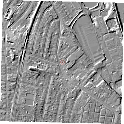 Shaded relief map of the ground around TW94AW, computed from Environment Agency LiDAR. The ground here sits at about 5 m above sea level and falls 11 m across the surrounding 800 m. Surface water reaching this point runs off ground lying to the west, 6.5 m higher.