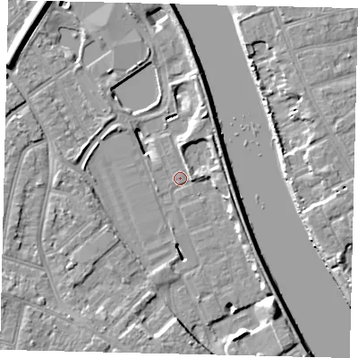 Shaded relief map of the ground around TW94BA, computed from Environment Agency LiDAR. The ground here sits at about 4 m above sea level and falls 10 m across the surrounding 800 m. Surface water reaching this point runs off ground lying to the south-east, 9.2 m higher.