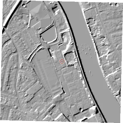 Shaded relief map of the ground around TW94BB, computed from Environment Agency LiDAR. The ground here sits at about 4 m above sea level and falls 11 m across the surrounding 800 m. Surface water reaching this point runs off ground lying to the east-north-east, 3.1 m higher.