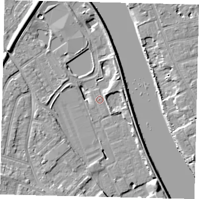 Shaded relief map of the ground around TW94BD, computed from Environment Agency LiDAR. The ground here sits at about 4 m above sea level and falls 11 m across the surrounding 800 m. Surface water reaching this point runs off ground lying to the east, 3.1 m higher.