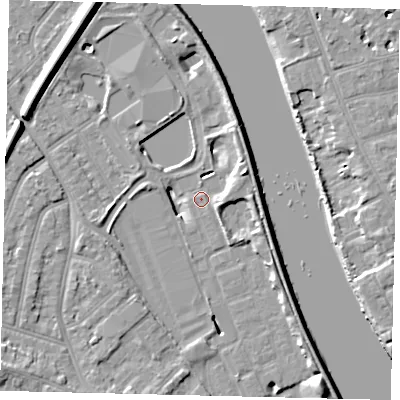 Shaded relief map of the ground around TW94BE, computed from Environment Agency LiDAR. The ground here sits at about 4 m above sea level and falls 11 m across the surrounding 800 m. Surface water reaching this point runs off ground lying to the east-north-east, 6.4 m higher.