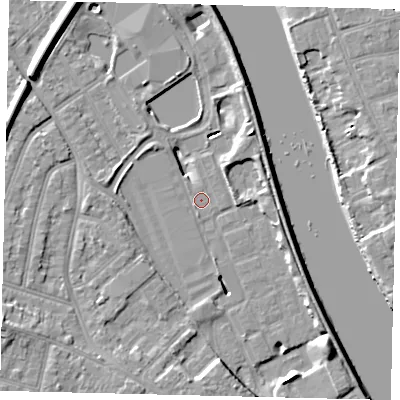 Shaded relief map of the ground around TW94BG, computed from Environment Agency LiDAR. The ground here sits at about 4 m above sea level and falls 10 m across the surrounding 800 m. Surface water reaching this point runs off ground lying to the south, 0.7 m higher.
