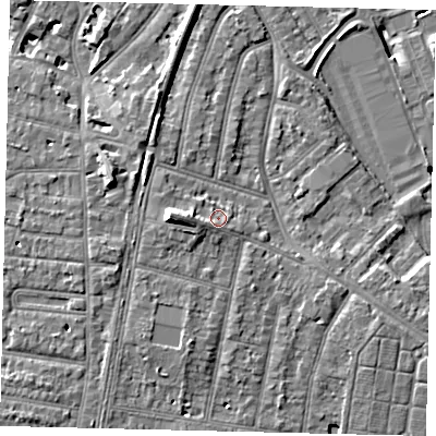 Shaded relief map of the ground around TW94BH, computed from Environment Agency LiDAR. The ground here sits at about 7 m above sea level and falls 11 m across the surrounding 800 m. Surface water reaching this point runs off ground lying to the west, 3.6 m higher.