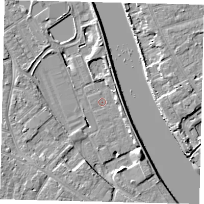 Shaded relief map of the ground around TW94BP, computed from Environment Agency LiDAR. The ground here sits at about 4 m above sea level and falls 10 m across the surrounding 800 m. Surface water reaching this point runs off ground lying to the east-north-east, 2.8 m higher.