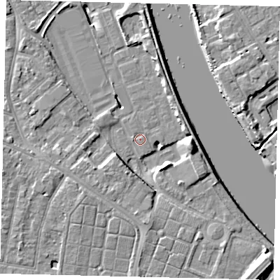 Shaded relief map of the ground around TW94BQ, computed from Environment Agency LiDAR. The ground here sits at about 4 m above sea level and falls 11 m across the surrounding 800 m. Surface water reaching this point runs off ground lying to the east, 8.9 m higher.