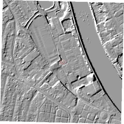 Shaded relief map of the ground around TW94BS, computed from Environment Agency LiDAR. The ground here sits at about 4 m above sea level and falls 10 m across the surrounding 800 m. Surface water reaching this point runs off ground lying to the east-south-east, 9.2 m higher.