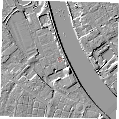 Shaded relief map of the ground around TW94BT, computed from Environment Agency LiDAR. The ground here sits at about 4 m above sea level and falls 11 m across the surrounding 800 m. Surface water reaching this point runs off ground lying to the east-north-east, 2.8 m higher.