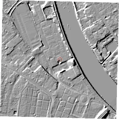 Shaded relief map of the ground around TW94BU, computed from Environment Agency LiDAR. The ground here sits at about 4 m above sea level and falls 11 m across the surrounding 800 m. Surface water reaching this point runs off ground lying to the east-south-east, 8.9 m higher.