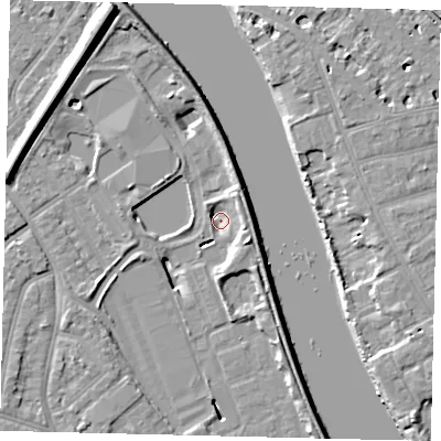 Shaded relief map of the ground around TW94BY, computed from Environment Agency LiDAR. The ground here sits at about 2 m above sea level and falls 11 m across the surrounding 800 m. Surface water reaching this point runs off ground lying to the north-north-west, 10.7 m higher.