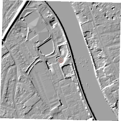 Shaded relief map of the ground around TW94BZ, computed from Environment Agency LiDAR. The ground here sits at about 3 m above sea level and falls 11 m across the surrounding 800 m. Surface water reaching this point runs off ground lying to the east-north-east, 4.4 m higher.