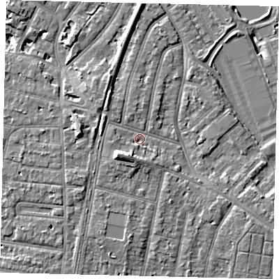 Shaded relief map of the ground around TW94DA, computed from Environment Agency LiDAR. The ground here sits at about 7 m above sea level and falls 11 m across the surrounding 800 m. Surface water reaching this point runs off ground lying to the south-west, 5.4 m higher.