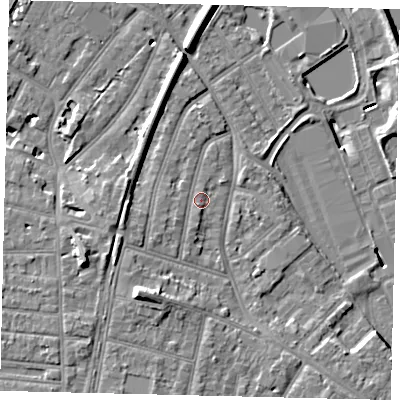 Shaded relief map of the ground around TW94DD, computed from Environment Agency LiDAR. The ground here sits at about 6 m above sea level and falls 11 m across the surrounding 800 m. Surface water reaching this point runs off ground lying to the south-west, 1.8 m higher.