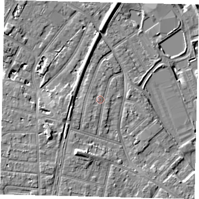 Shaded relief map of the ground around TW94DE, computed from Environment Agency LiDAR. The ground here sits at about 6 m above sea level and falls 12 m across the surrounding 800 m. Surface water reaching this point runs off ground lying to the south-south-west, 1.8 m higher.