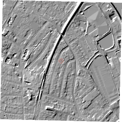 Shaded relief map of the ground around TW94DF, computed from Environment Agency LiDAR. The ground here sits at about 6 m above sea level and falls 12 m across the surrounding 800 m. Surface water reaching this point runs off ground lying to the north-north-west, 4.6 m higher.