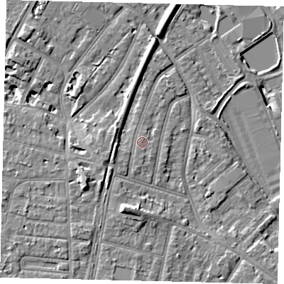 Shaded relief map of the ground around TW94DG, computed from Environment Agency LiDAR. The ground here sits at about 6 m above sea level and falls 11 m across the surrounding 800 m. Surface water reaching this point runs off ground lying to the south-west, 2.8 m higher.