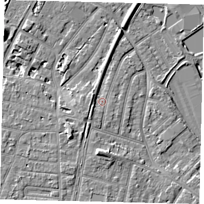 Shaded relief map of the ground around TW94DH, computed from Environment Agency LiDAR. The ground here sits at about 6 m above sea level and falls 11 m across the surrounding 800 m. Surface water reaching this point runs off ground lying to the south-south-west, 2.9 m higher.