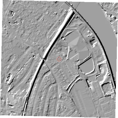 Shaded relief map of the ground around TW94DJ, computed from Environment Agency LiDAR. The ground here sits at about 4 m above sea level and falls 11 m across the surrounding 800 m. Surface water reaching this point runs off ground lying to the west-north-west, 6.7 m higher.