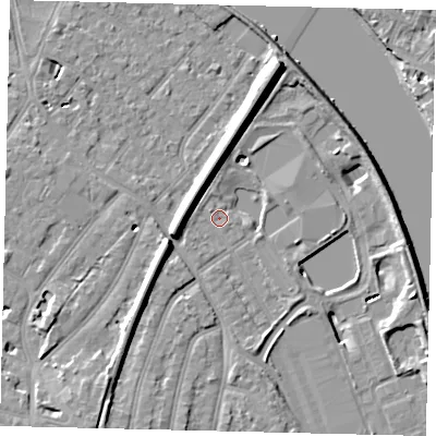 Shaded relief map of the ground around TW94DL, computed from Environment Agency LiDAR. The ground here sits at about 4 m above sea level and falls 11 m across the surrounding 800 m. Surface water reaching this point runs off ground lying to the west, 7.1 m higher.