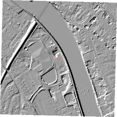 Shaded relief map of the ground around TW94DP, computed from Environment Agency LiDAR. The ground here sits at about 3 m above sea level and falls 11 m across the surrounding 800 m. Surface water reaching this point runs off ground lying to the south-west, 2.7 m higher.