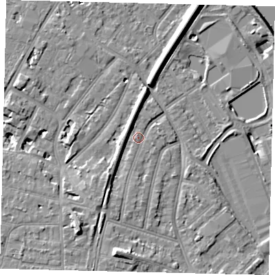 Shaded relief map of the ground around TW94DQ, computed from Environment Agency LiDAR. The ground here sits at about 6 m above sea level and falls 12 m across the surrounding 800 m. Surface water reaching this point runs off ground lying to the north, 4.6 m higher.