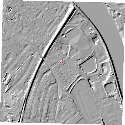 Shaded relief map of the ground around TW94DR, computed from Environment Agency LiDAR. The ground here sits at about 4 m above sea level and falls 11 m across the surrounding 800 m. Surface water reaching this point runs off ground lying to the south-south-west, 3.3 m higher.