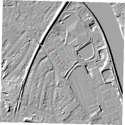 Shaded relief map of the ground around TW94DS, computed from Environment Agency LiDAR. The ground here sits at about 4 m above sea level and falls 12 m across the surrounding 800 m. Surface water reaching this point runs off ground lying to the south-south-east, 2.1 m higher.