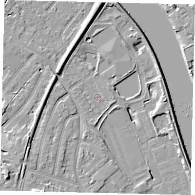 Shaded relief map of the ground around TW94DT, computed from Environment Agency LiDAR. The ground here sits at about 4 m above sea level and falls 11 m across the surrounding 800 m. Surface water reaching this point runs off ground lying to the south, 2.1 m higher.