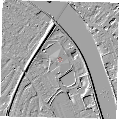 Shaded relief map of the ground around TW94DU, computed from Environment Agency LiDAR. The ground here sits at about 4 m above sea level and falls 11 m across the surrounding 800 m. Surface water reaching this point runs off ground lying to the west, 1.8 m higher.