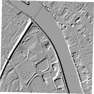 Shaded relief map of the ground around TW94DX, computed from Environment Agency LiDAR. The ground here sits at about 0 m above sea level and falls 11 m across the surrounding 800 m. Surface water reaching this point runs off ground lying to the south-west, 3.8 m higher.