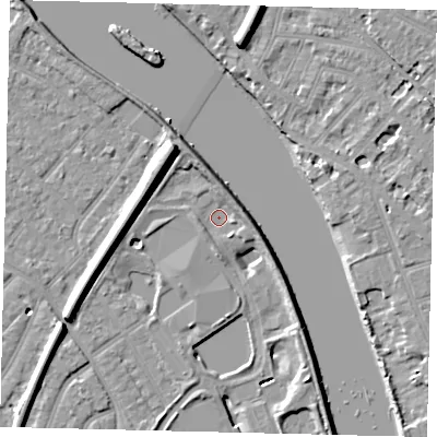 Shaded relief map of the ground around TW94DZ, computed from Environment Agency LiDAR. The ground here sits at about 3 m above sea level and falls 11 m across the surrounding 800 m. Surface water reaching this point runs off ground lying to the west, 10.5 m higher.