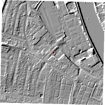 Shaded relief map of the ground around TW94EE, computed from Environment Agency LiDAR. The ground here sits at about 6 m above sea level and falls 11 m across the surrounding 800 m. Surface water reaching this point runs off ground lying to the south-south-west, 2.2 m higher.