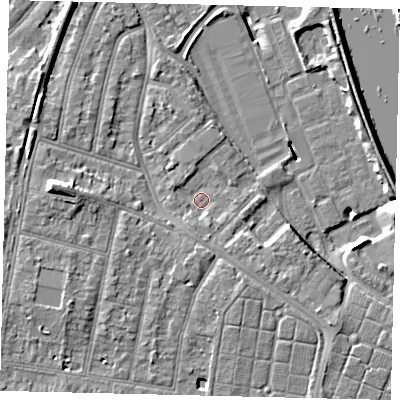 Shaded relief map of the ground around TW94EF, computed from Environment Agency LiDAR. The ground here sits at about 5 m above sea level and falls 11 m across the surrounding 800 m. Surface water reaching this point runs off ground lying to the south-south-west, 2.0 m higher.