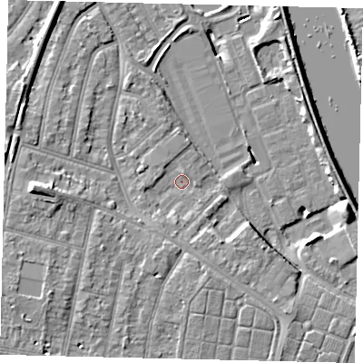 Shaded relief map of the ground around TW94EG, computed from Environment Agency LiDAR. The ground here sits at about 5 m above sea level and falls 11 m across the surrounding 800 m. Surface water reaching this point runs off ground lying to the south-south-west, 2.0 m higher.